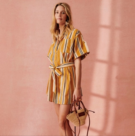 Sezane Celia Dress in Ochre, Ecru and Black stripes size S - Picture 2 of 13